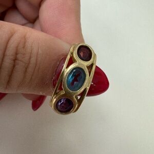 14K yellow gold amethyst, topaz and garnet vintage ring